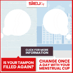 Sileu menstrual cup, contrasting tampon use with text "Is your tampon filled again?" and "Change once a day with your menstrual cup," featuring Sileu logo.