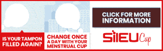 Banner promoting Sileu menstrual cup, contrasting tampon use with text "Is your tampon filled again?" and "Change once a day with your menstrual cup," featuring Sileu logo.