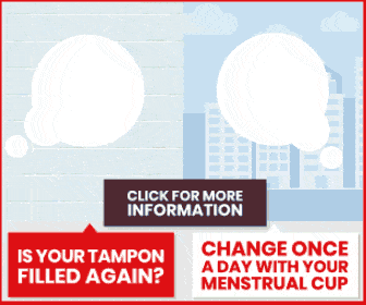 Sileu menstrual cup, contrasting tampon use with text "Is your tampon filled again?" and "Change once a day with your menstrual cup," featuring Sileu logo.