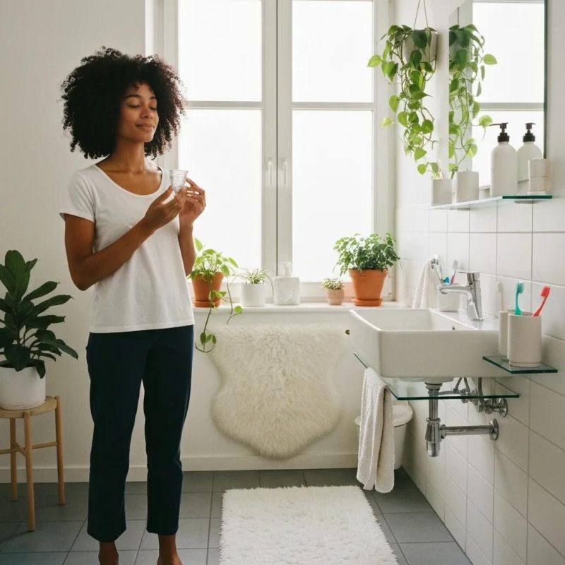 Young woman holding a menstrual cup in a bright bathroom, promoting comfort and empowerment in menstrual health
