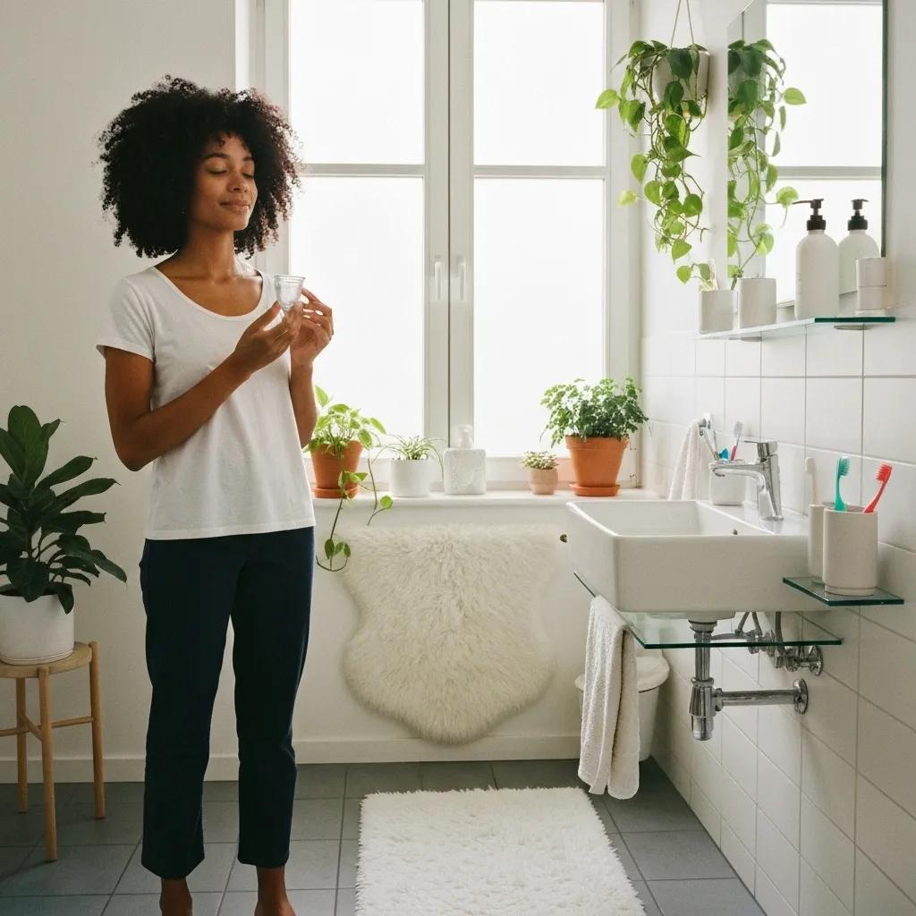 Young woman holding a menstrual cup in a bright bathroom, promoting comfort and empowerment in menstrual health