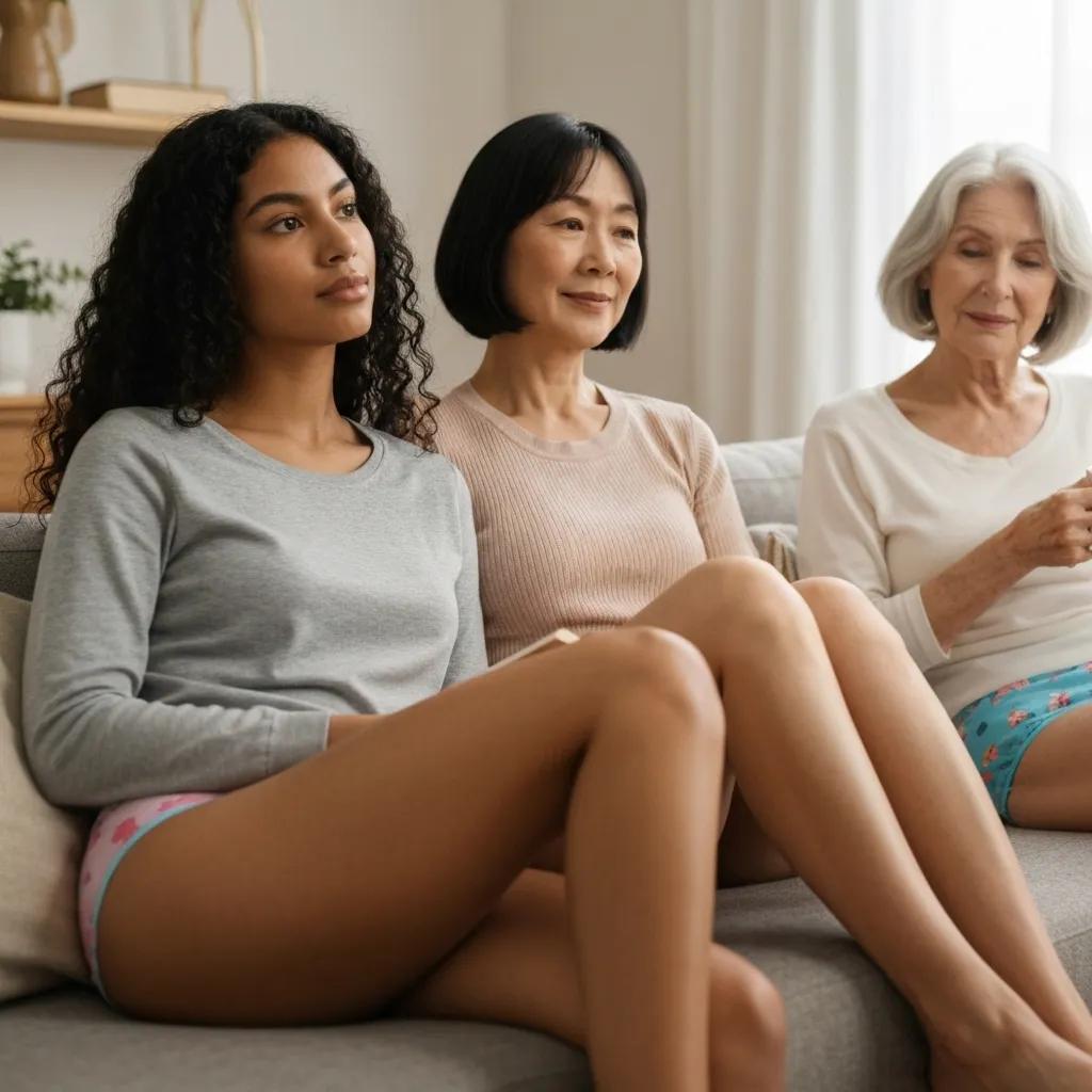 Diverse women in cozy home setting wearing menstrual panties, showcasing comfort and confidence