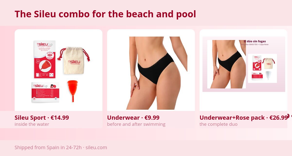 Period Swimwear: How It Works and When It Makes Sense 3 Alternative combo to period swimwear: Sileu Sport cup, period underwear and underwear+Rose pack