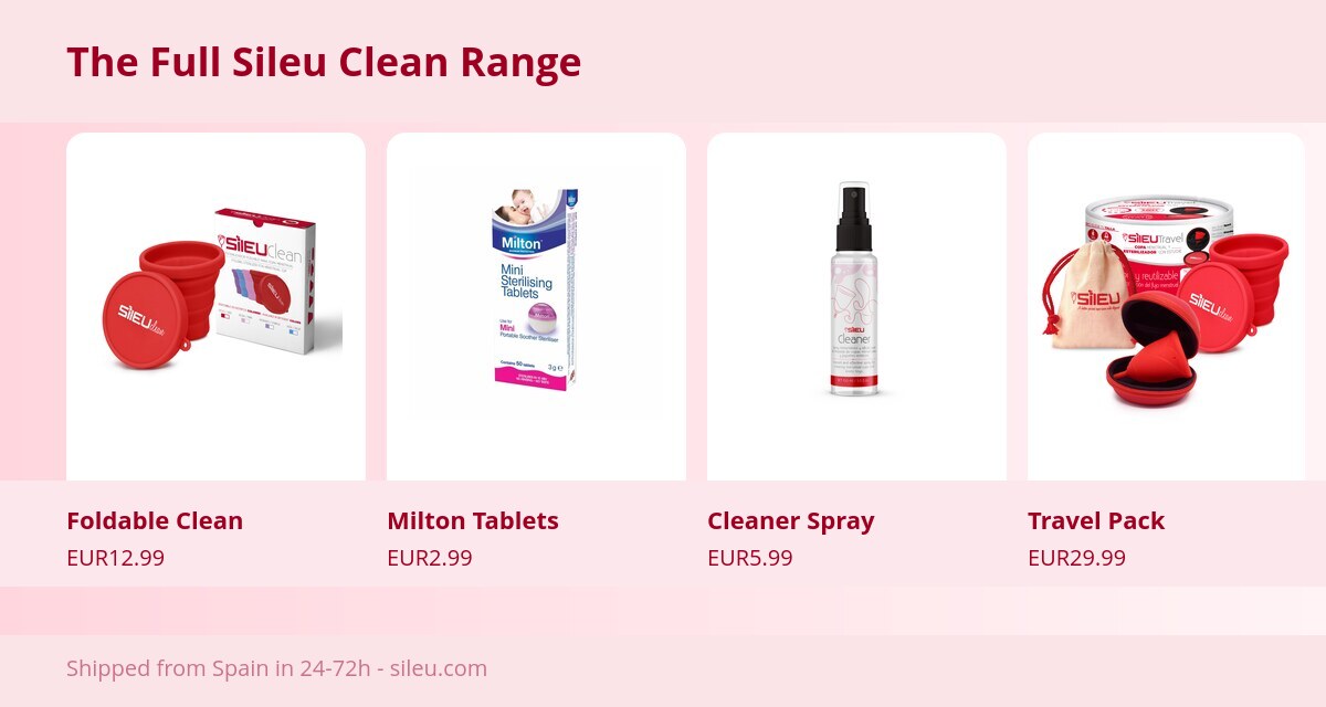 Menstrual Cup Sterilizer: Types, Which to Choose and How to Use It 3 Range of Sileu Clean menstrual cup sterilizers: foldable, Milton tablets, spray and Travel Pack