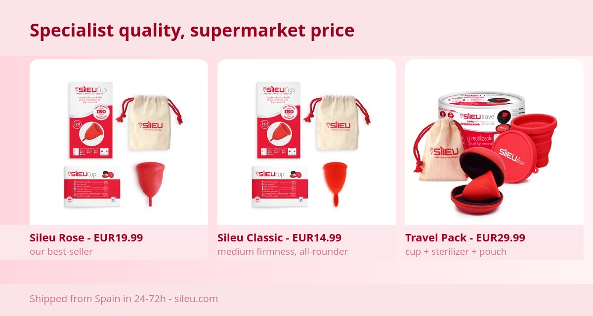 Menstrual Cup at Mercadona or Carrefour? What They Sell (and What They Don't) 3 Alternative to a Mercadona menstrual cup: Sileu Rose, Classic and Travel Pack with prices