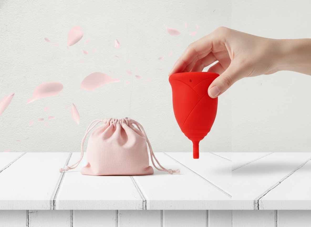 How to Choose Your First Menstrual Cup: Complete Beginner's Guide 1 Hand holding a red Sileu Rose menstrual cup next to its cotton storage pouch