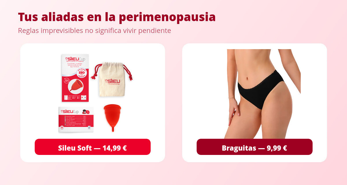 Todo sobre la Menopausia, Síntomas y trucos para aliviarlos 3 Copa menstrual Sileu Soft y braguitas menstruales para los síntomas de la perimenopausia