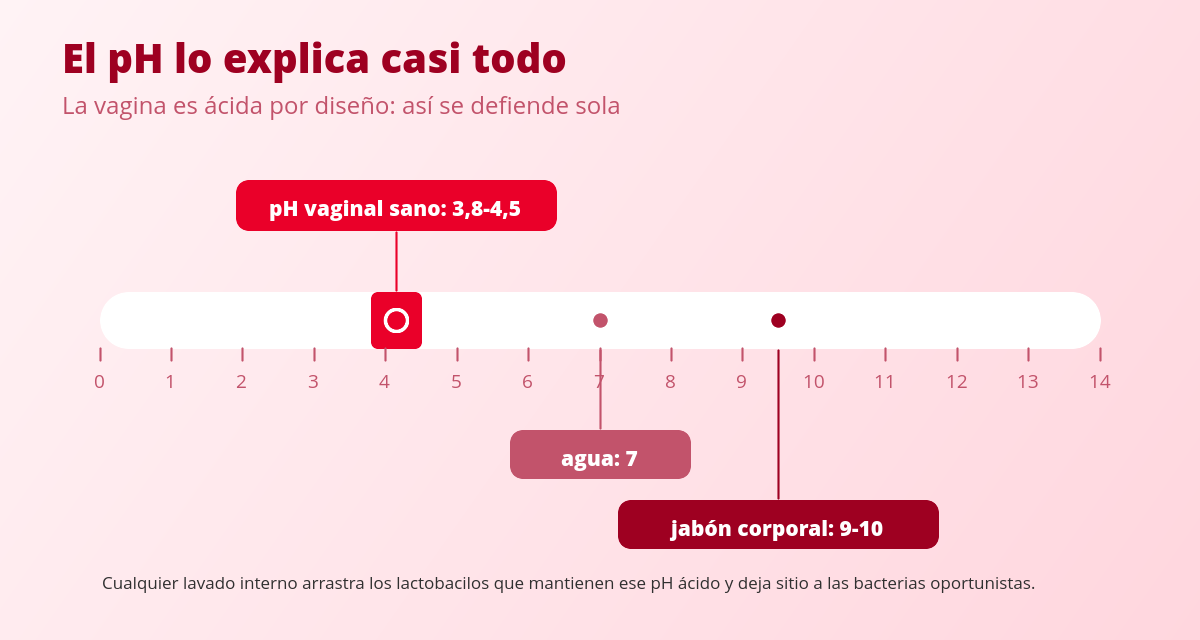 Ducha vaginal: por qué los ginecólogos la desaconsejan 1 Escala de pH que muestra por qué la ducha vaginal altera el pH vaginal sano de 3,8 a 4,5