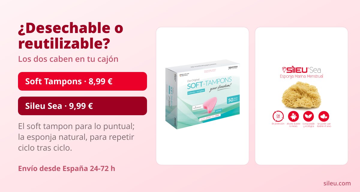 Soft tampons: tampones sin hilo, cuándo usarlos y cómo 3 Tampones sin hilo Soft Tampons junto a la esponja marina menstrual Sileu Sea