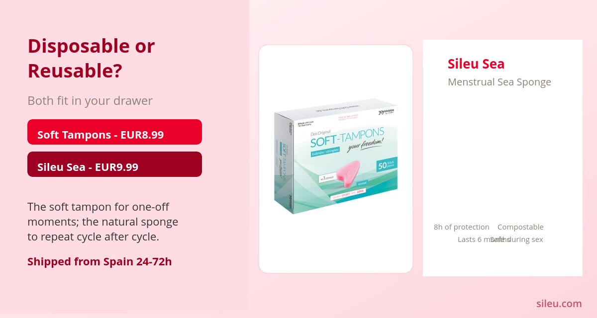 Soft Tampons: Applicator-Free Tampons, When and How to Use Them 3 Soft Tampons applicator-free tampons next to the Sileu Sea menstrual sea sponge