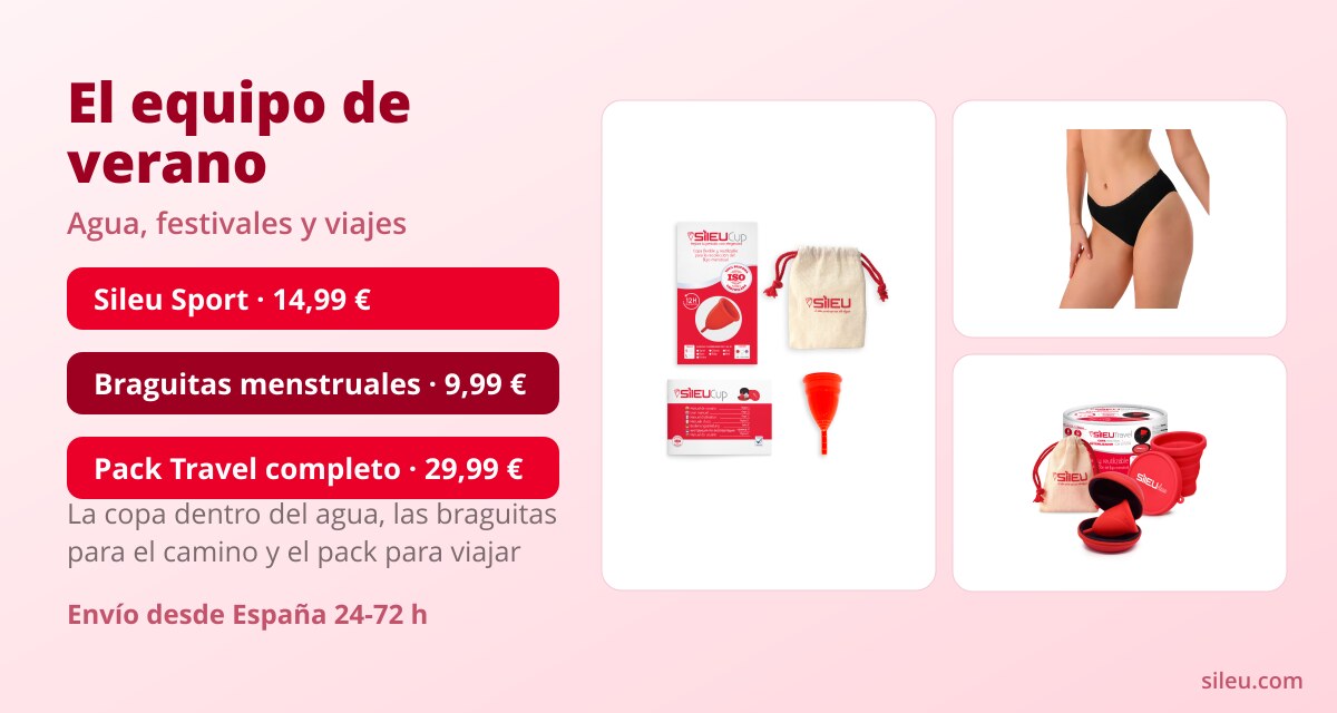Copa menstrual en los días de playa o piscina 4 Kit para nadar con la regla en verano: copa menstrual Sileu Sport, braguitas menstruales y Pack Travel