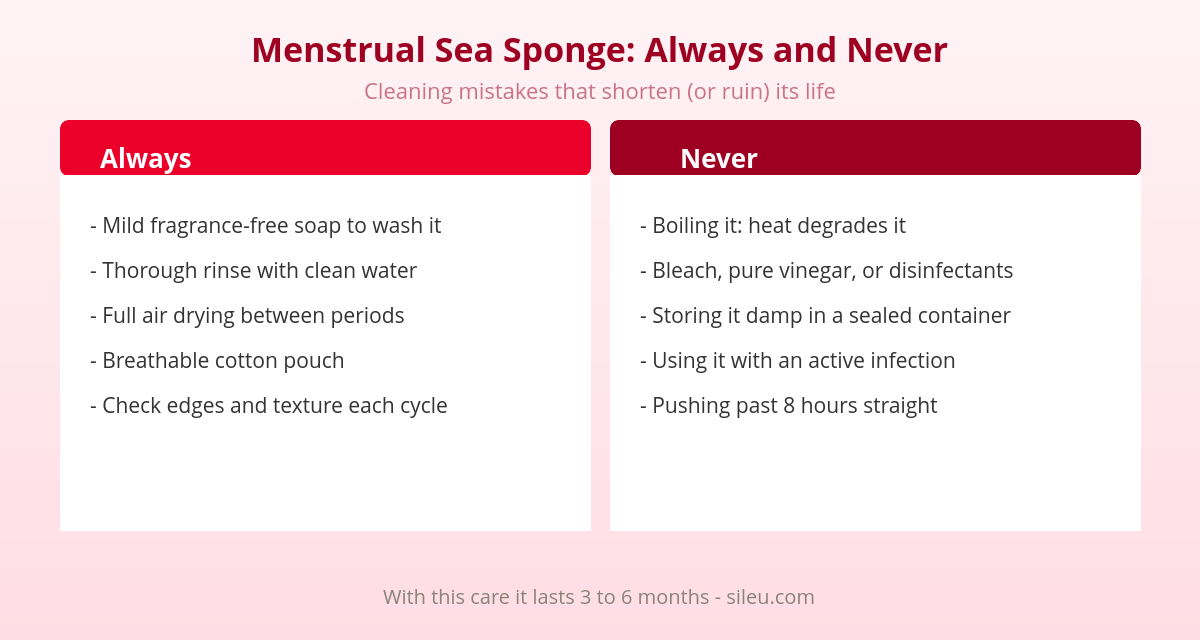 Natural Menstrual Sea Sponge: Origin, Hygiene, and Care 3 Menstrual sea sponge care table: what to always do and what to never do