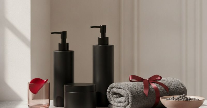 Accesorios de baño en tonos oscuros y toalla enrollada, higiene íntima unisex