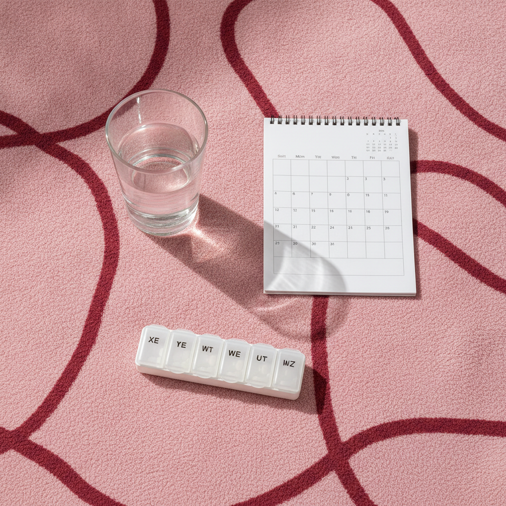 Medicamentos que retrasan la regla 3 Escena de calendario y pastillero para llevar el seguimiento de la regla y la medicación