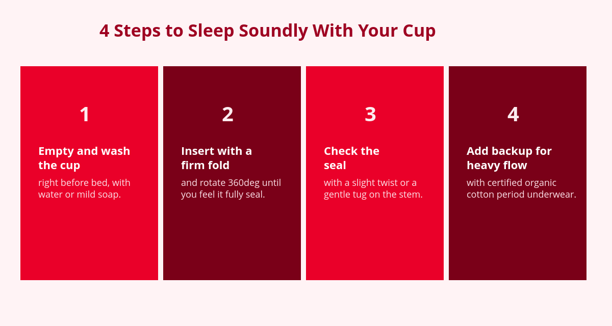 Sleeping With a Menstrual Cup: Is It Safe All Night? 2 steps for sleeping with a menstrual cup without leaks