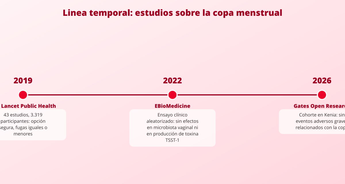 Bases científicas sobre la copa menstrual: opción segura y sin fugas. 3 copa menstrual estudios cientificos linea temporal