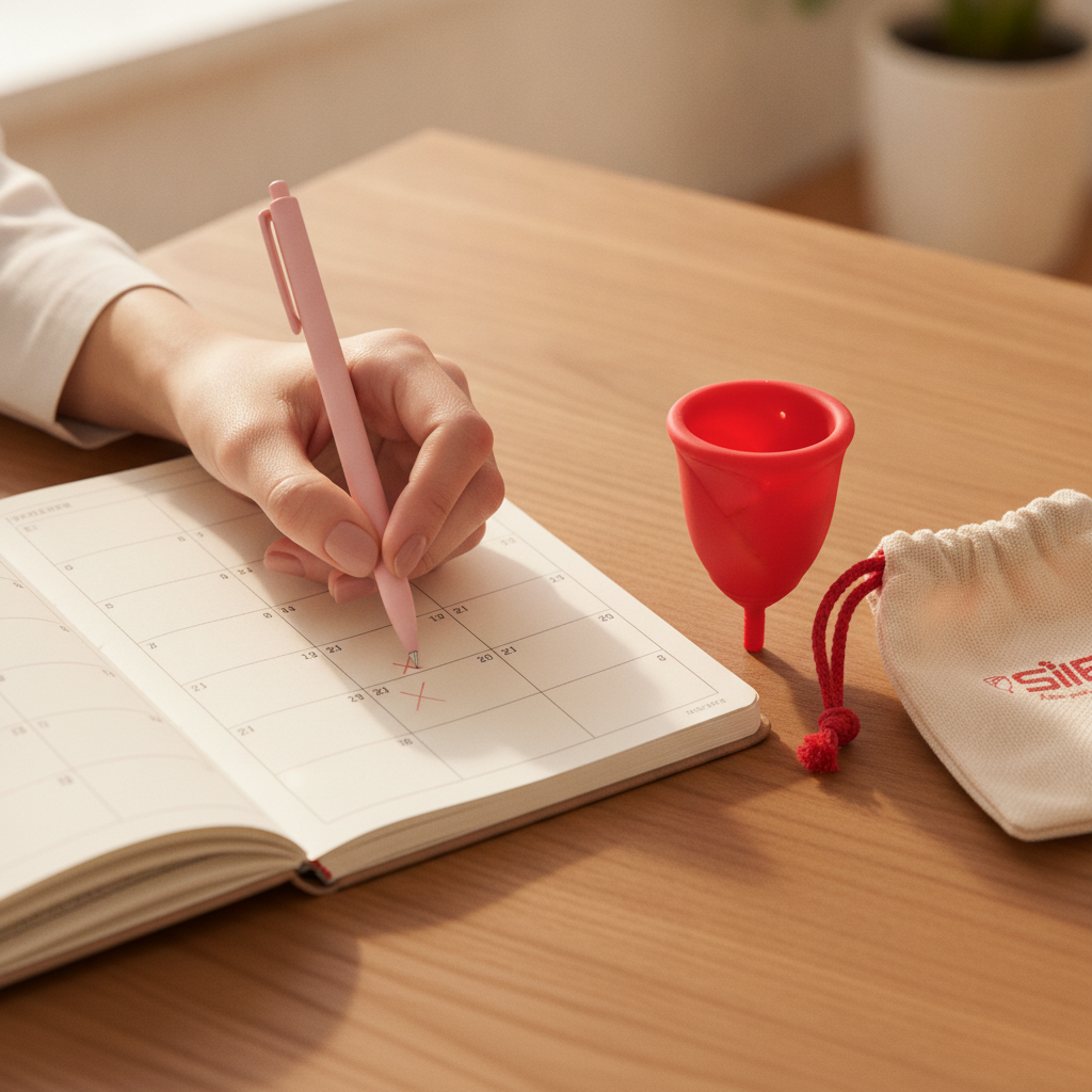 Claves sobre el ciclo menstrual y cómo calcular tu ciclo 3 Mujer marcando su calendario menstrual junto a la copa Sileu Rose para calcular su ciclo