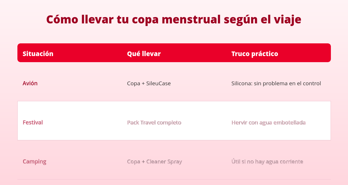 Viajar con la regla: kit de viaje con copa menstrual 4 viajar con copa menstrual tabla avion festival camping