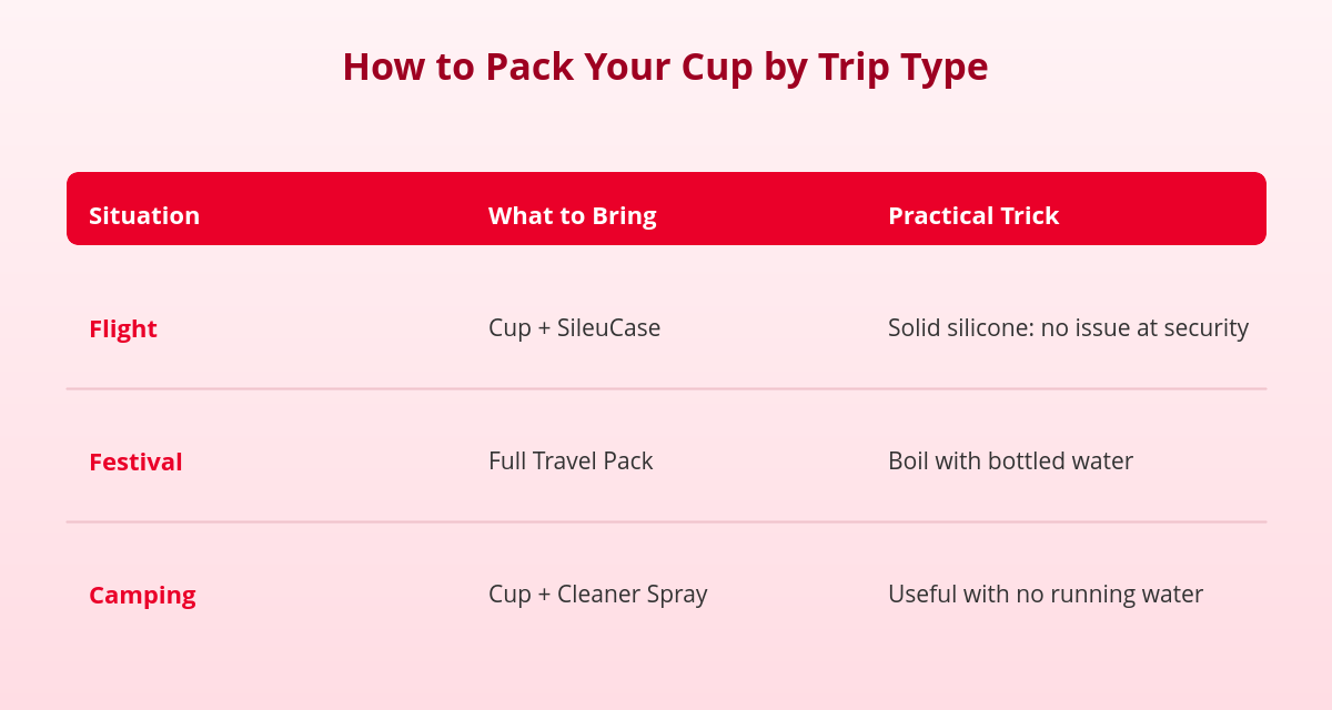 Traveling on Your Period: A Travel Kit with a Menstrual Cup 4 traveling with a menstrual cup, table for flights, festivals, and camping