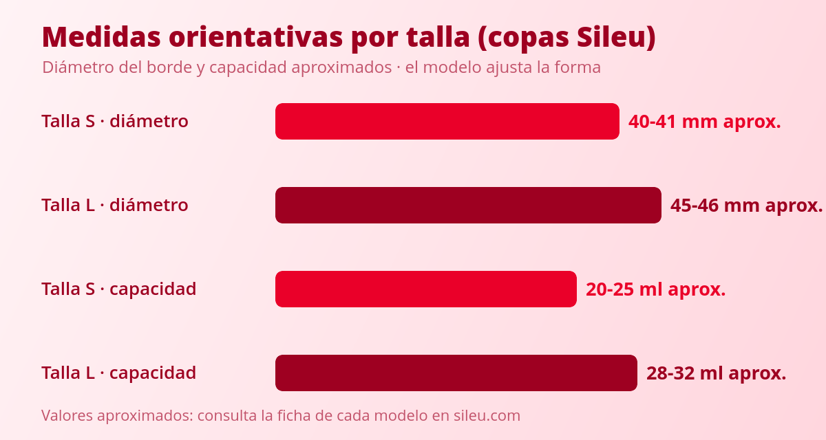Tallas de copa menstrual: guía real para acertar a la primera 1 Medidas de copa menstrual por tallas: diámetro y capacidad aproximados de la talla S y la talla L