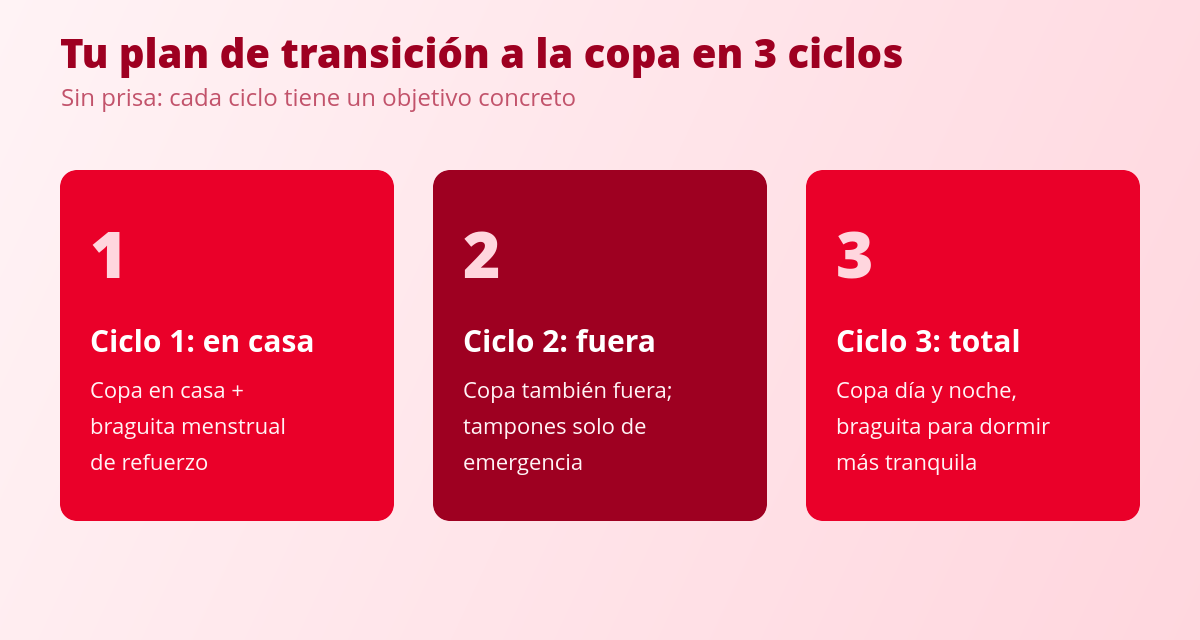 De tampones y compresas a la copa: plan de transición en 3 ciclos 1 Plan de transición a la copa menstrual en tres ciclos: en casa, fuera de casa y uso completo