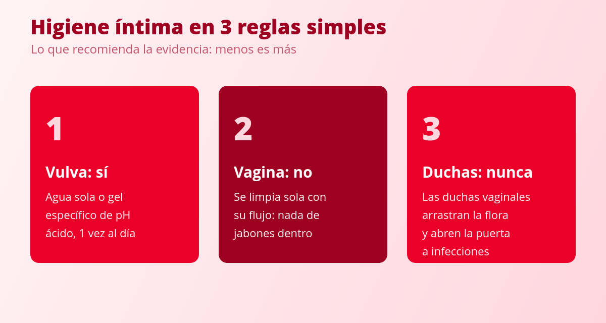 Gel íntimo: pH, cuándo usarlo y cuándo es mejor solo agua 2 Tres reglas de higiene íntima: la vulva se lava con agua o gel íntimo, la vagina no, duchas vaginales nunca