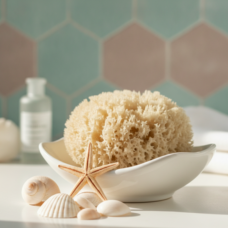 Esponja marina menstrual natural en un cuenco, estilo costero