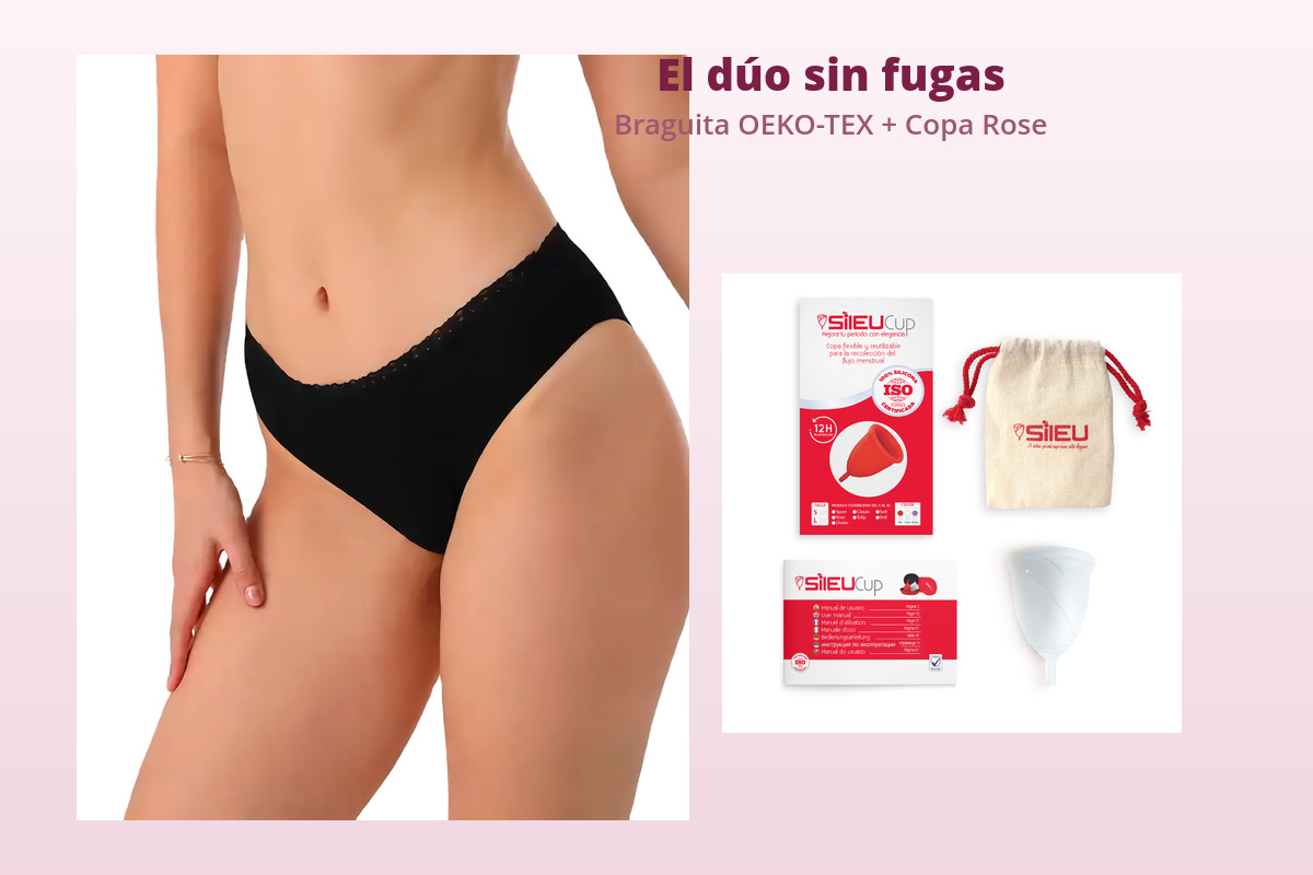 Pack Braguita Menstrual + Copa Sileu Rose - Elige tallas, flexibilidad y color 1 Pack braguita menstrual OEKO-TEX y copa menstrual Sileu Rose