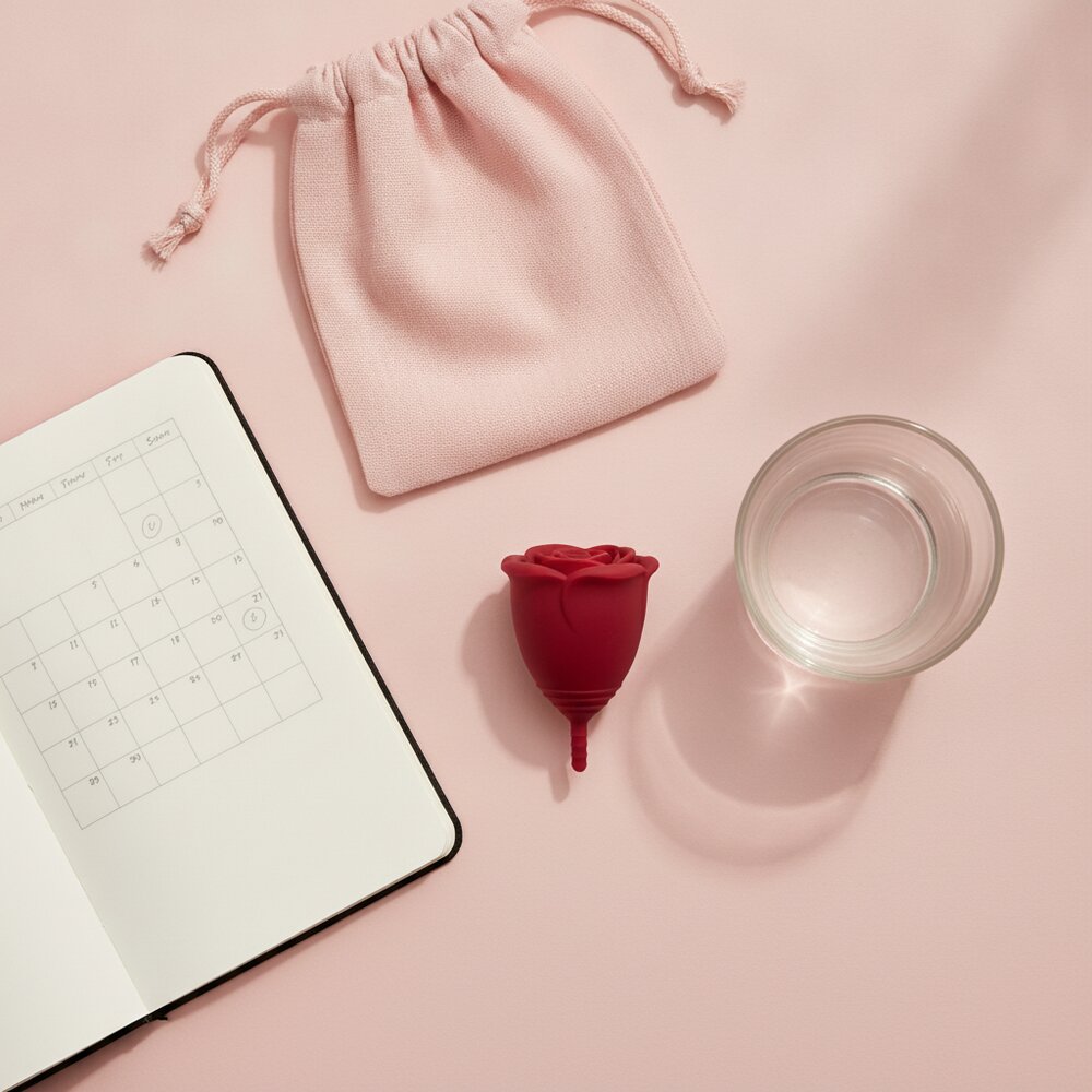 How to Stop Your Period: Can You Once It's Already Started? 4 Copa menstrual Sileu Rose junto a agua y calendario para gestionar los días de sangrado abundante