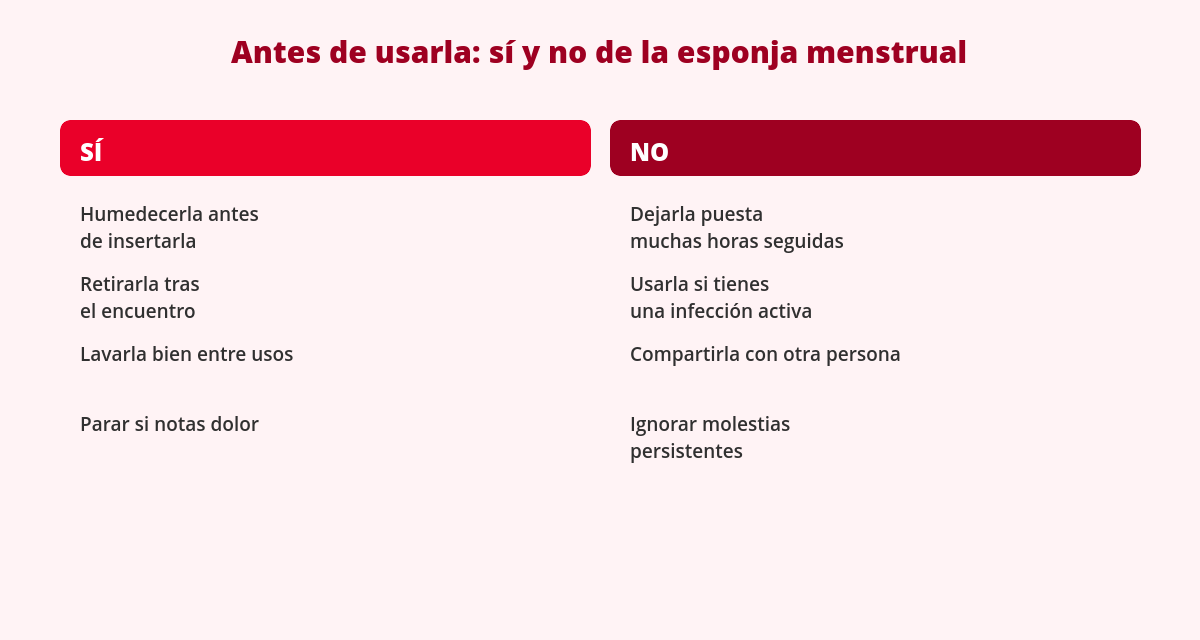Menstrual Sponge for Sex: Safe Use and Limits 2 Tabla de qué hacer y qué evitar al usar la esponja menstrual para relaciones sexuales