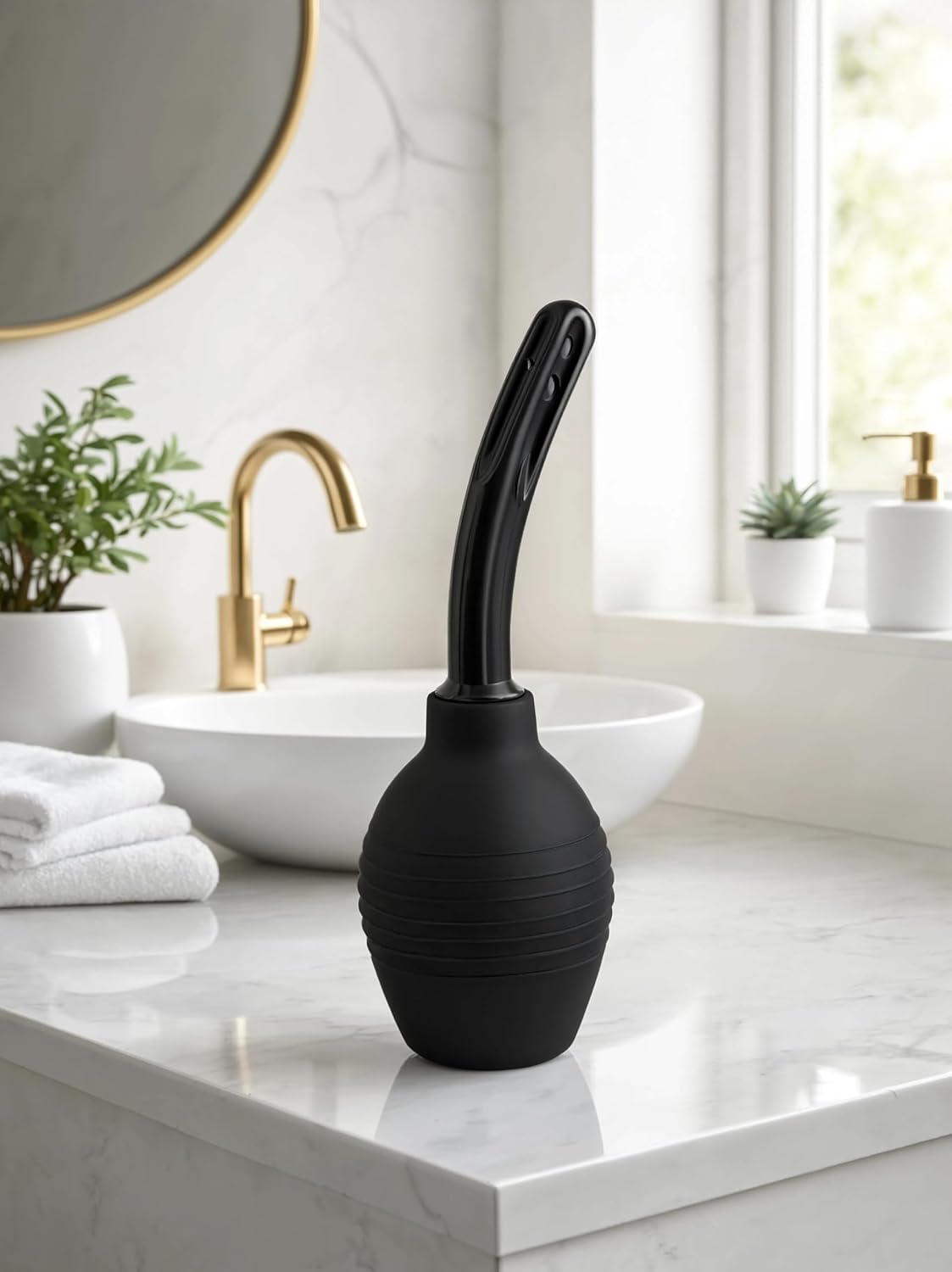 Sileu Enema Curvo 220 ml - Pera de Irrigación Anal con Boquilla Curva, Unisex 3 Sileu Enema Curvo sobre un lavabo de baño moderno
